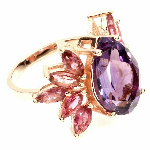 Natural Amethyst & Tourmaline Rose Gold on Sterling Silver Earrings & Ring 7.5 - Picture 8 of 15